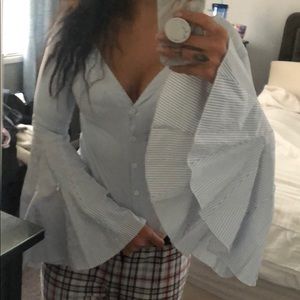 LULUS BLUE AND WHITE PINSTRIPE TOP BELL SLEEVES